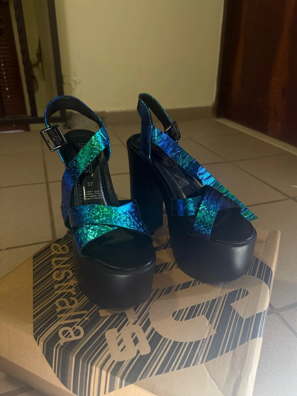 ROC Boots Australia Haunt blue patent leather platform sandals